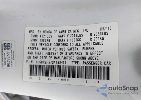 2016 Honda Accord Sport из США, поврежденный, VIN 1HGCR2F57GA180455